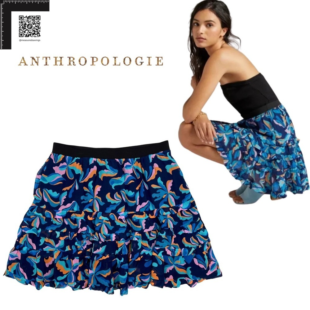 Maeve (Large - EU) Anthropologie Blue and Pink Abstract Pull-On Tiered Skirt